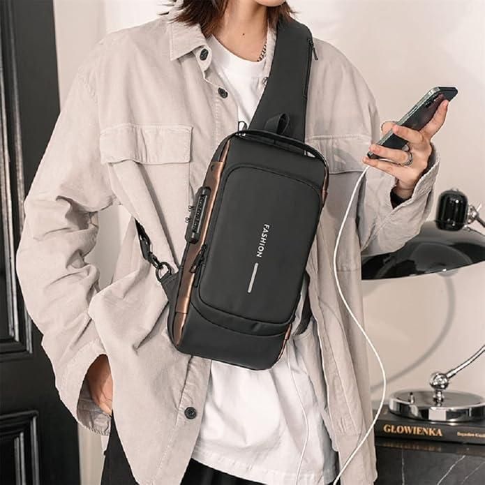 Premium Quality Waterproof with USB Charging Port, Stylish & Travel Friendly with Password Lock Sling Bag for Men & Women